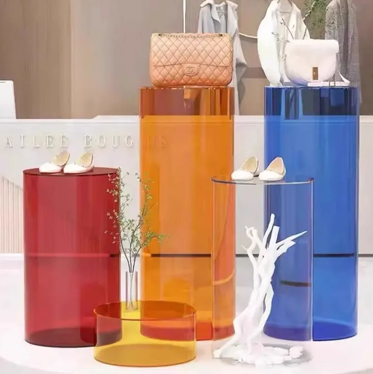 Transparent Acrylic Cylindrical Display Rack with Circular Base for Exhibition Hall and Art Show Product Floor Display Stand
