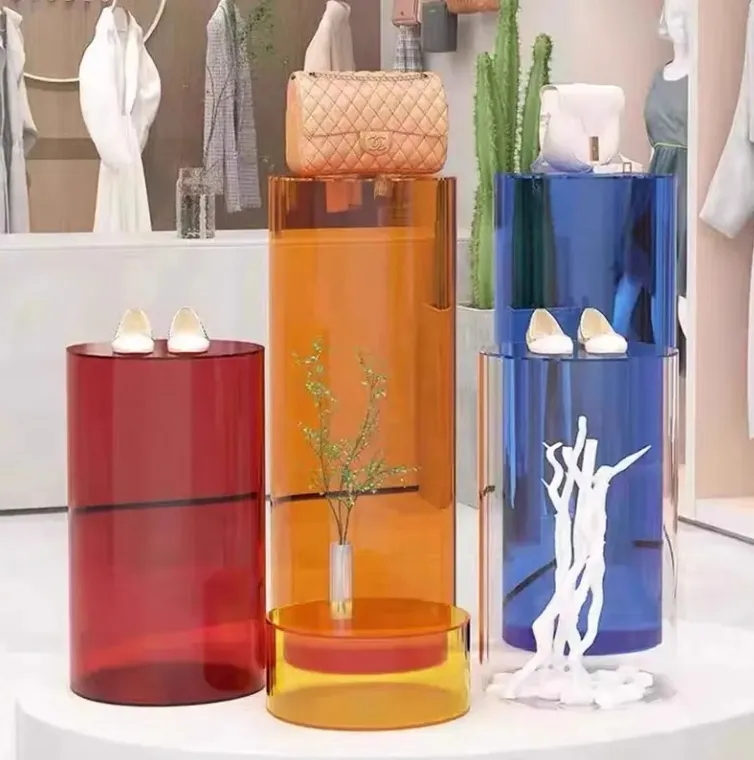 Transparent Acrylic Cylindrical Display Rack with Circular Base for Exhibition Hall and Art Show Product Floor Display Stand